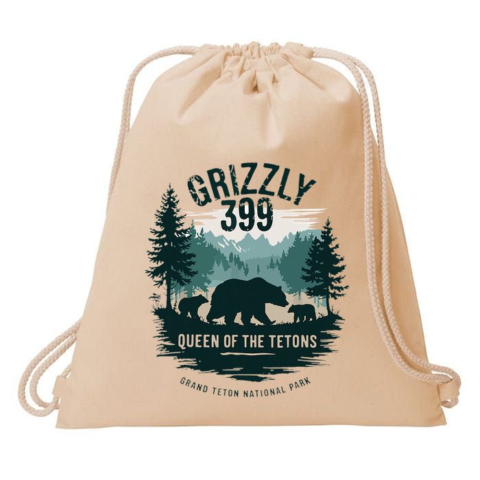 Retro Bear Queen Of The Tetons Grizzly 399 National Park Drawstring Bag