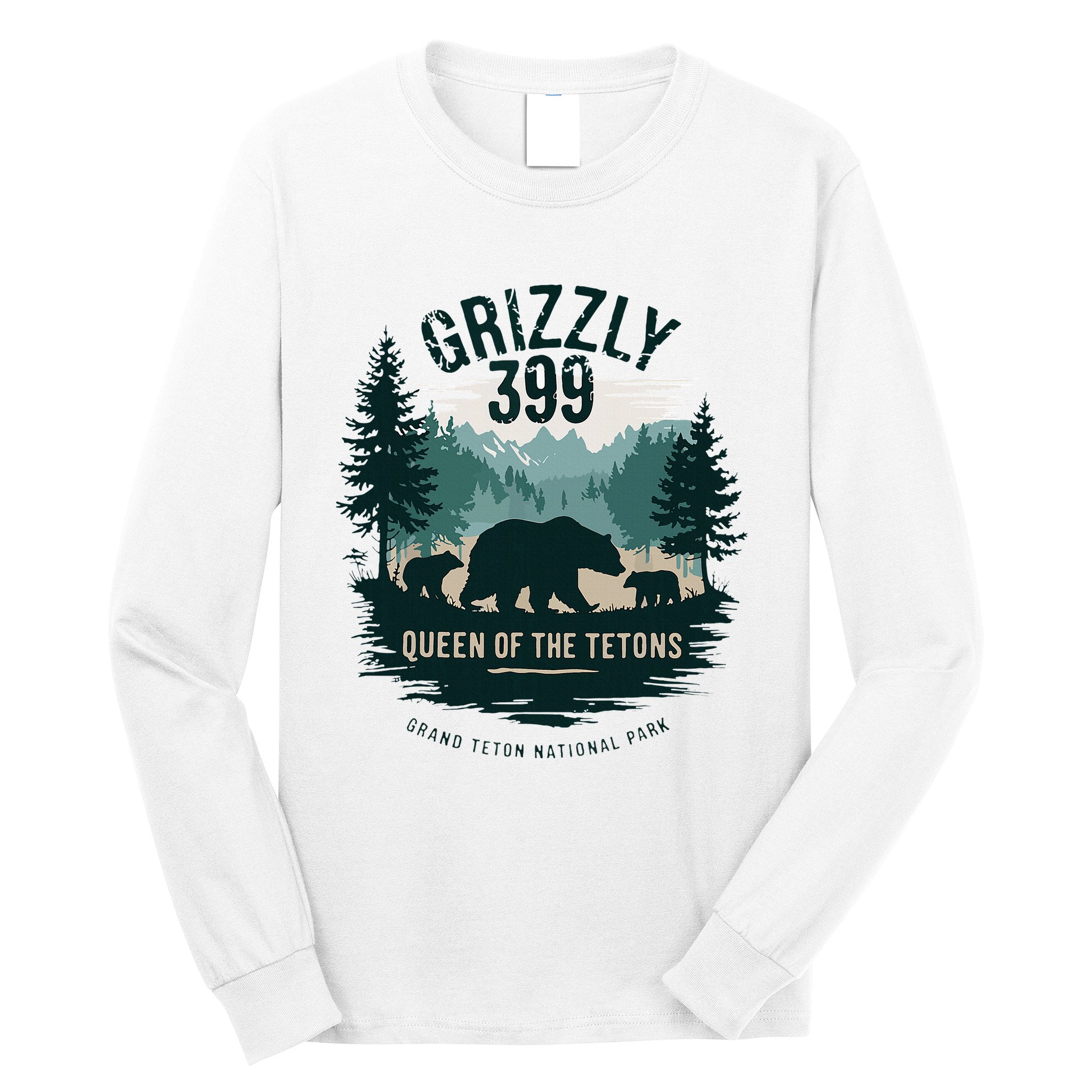 Retro Bear Queen Of The Tetons Grizzly 399 National Park Long Sleeve Shirt