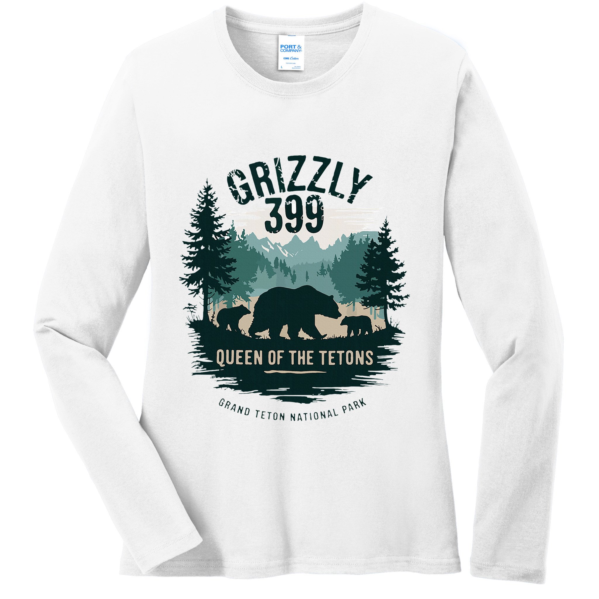 Retro Bear Queen Of The Tetons Grizzly 399 National Park Ladies Long Sleeve Shirt