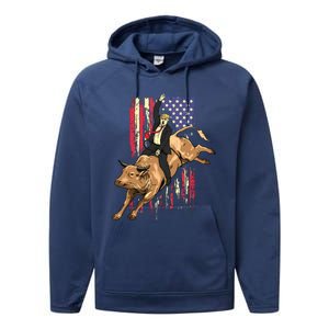 Rodeo Bull Rider Trump American Flag Cowboy Bull Riding Performance Fleece Hoodie