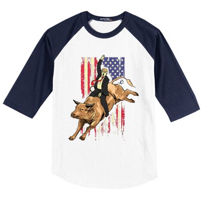 Rodeo Bull Rider Trump American Flag Cowboy Bull Riding Baseball Sleeve Shirt