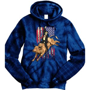 Rodeo Bull Rider Trump American Flag Cowboy Bull Riding Tie Dye Hoodie