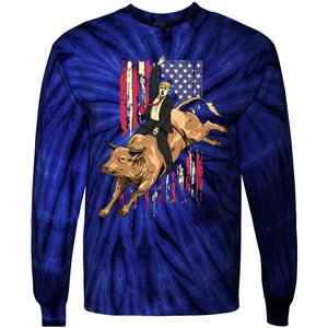 Rodeo Bull Rider Trump American Flag Cowboy Bull Riding Tie-Dye Long Sleeve Shirt