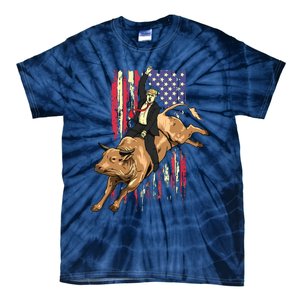 Rodeo Bull Rider Trump American Flag Cowboy Bull Riding Tie-Dye T-Shirt