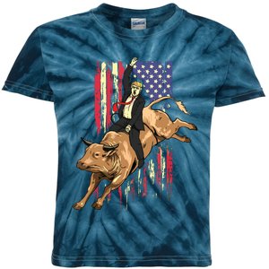 Rodeo Bull Rider Trump American Flag Cowboy Bull Riding Kids Tie-Dye T-Shirt