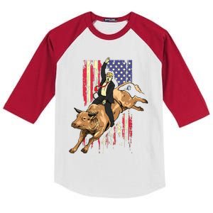 Rodeo Bull Rider Trump American Flag Cowboy Bull Riding Kids Colorblock Raglan Jersey