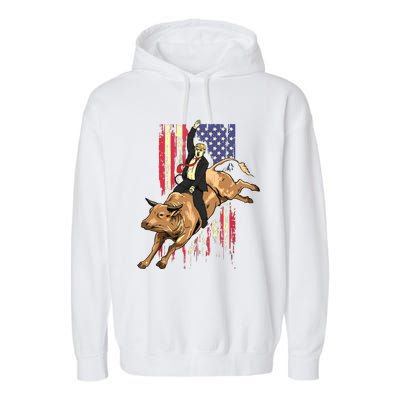 Rodeo Bull Rider Trump American Flag Cowboy Bull Riding Garment-Dyed Fleece Hoodie