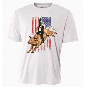 Rodeo Bull Rider Trump American Flag Cowboy Bull Riding Cooling Performance Crew T-Shirt