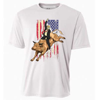 Rodeo Bull Rider Trump American Flag Cowboy Bull Riding Cooling Performance Crew T-Shirt