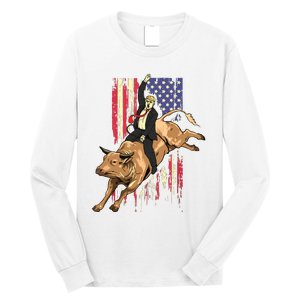 Rodeo Bull Rider Trump American Flag Cowboy Bull Riding Long Sleeve Shirt