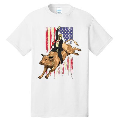 Rodeo Bull Rider Trump American Flag Cowboy Bull Riding Tall T-Shirt