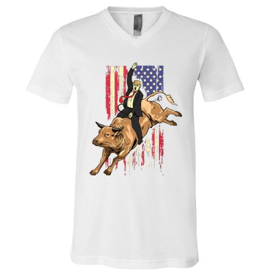 Rodeo Bull Rider Trump American Flag Cowboy Bull Riding V-Neck T-Shirt