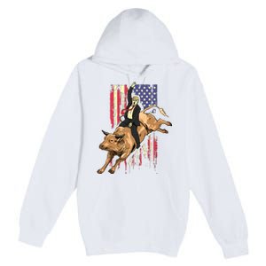 Rodeo Bull Rider Trump American Flag Cowboy Bull Riding Premium Pullover Hoodie