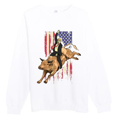 Rodeo Bull Rider Trump American Flag Cowboy Bull Riding Premium Crewneck Sweatshirt