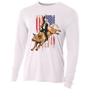 Rodeo Bull Rider Trump American Flag Cowboy Bull Riding Cooling Performance Long Sleeve Crew