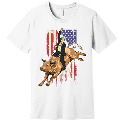 Rodeo Bull Rider Trump American Flag Cowboy Bull Riding Premium T-Shirt