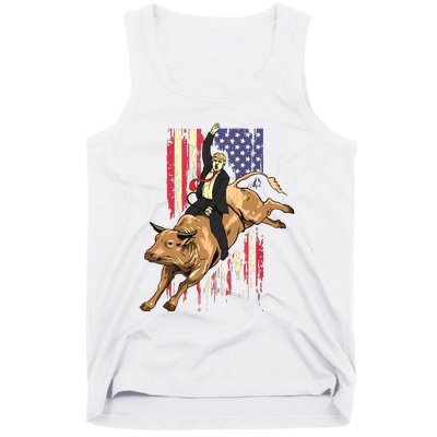 Rodeo Bull Rider Trump American Flag Cowboy Bull Riding Tank Top