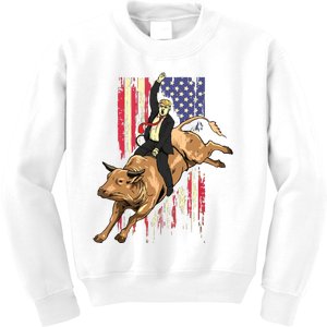 Rodeo Bull Rider Trump American Flag Cowboy Bull Riding Kids Sweatshirt