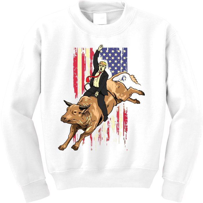 Rodeo Bull Rider Trump American Flag Cowboy Bull Riding Kids Sweatshirt