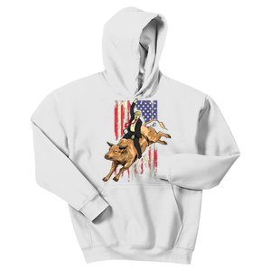 Rodeo Bull Rider Trump American Flag Cowboy Bull Riding Kids Hoodie