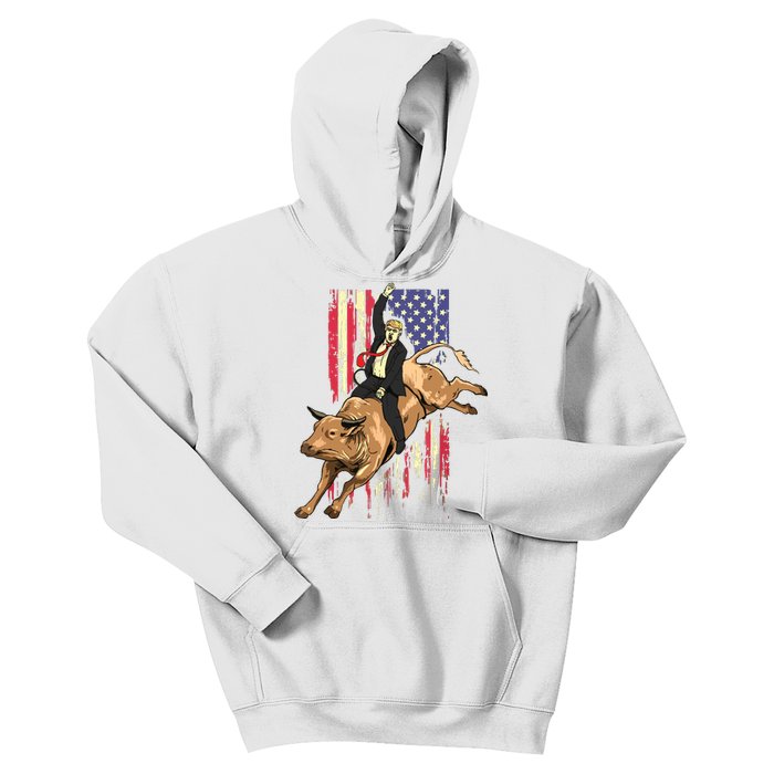 Rodeo Bull Rider Trump American Flag Cowboy Bull Riding Kids Hoodie