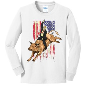 Rodeo Bull Rider Trump American Flag Cowboy Bull Riding Kids Long Sleeve Shirt