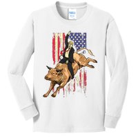 Rodeo Bull Rider Trump American Flag Cowboy Bull Riding Kids Long Sleeve Shirt