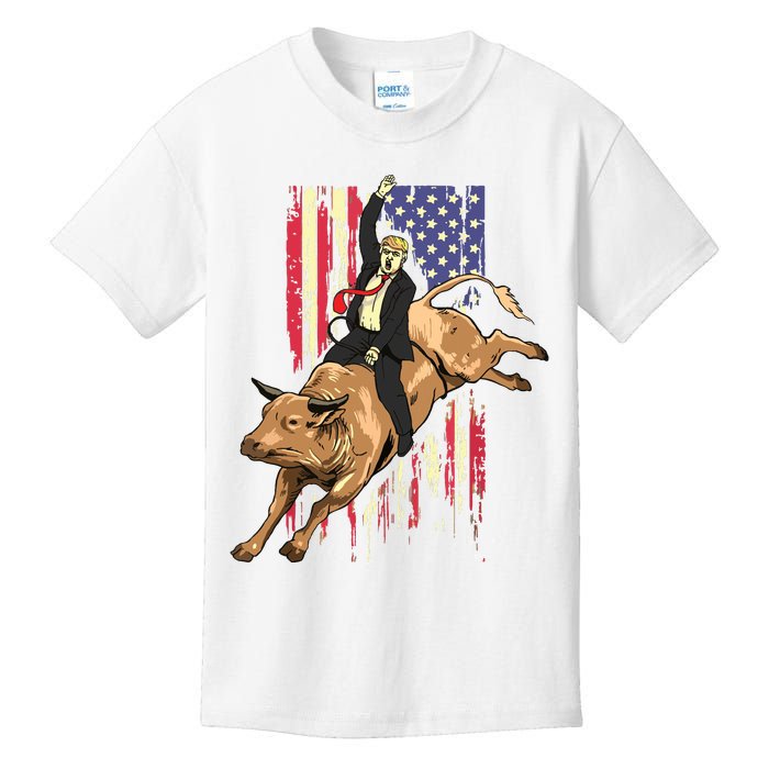 Rodeo Bull Rider Trump American Flag Cowboy Bull Riding Kids T-Shirt