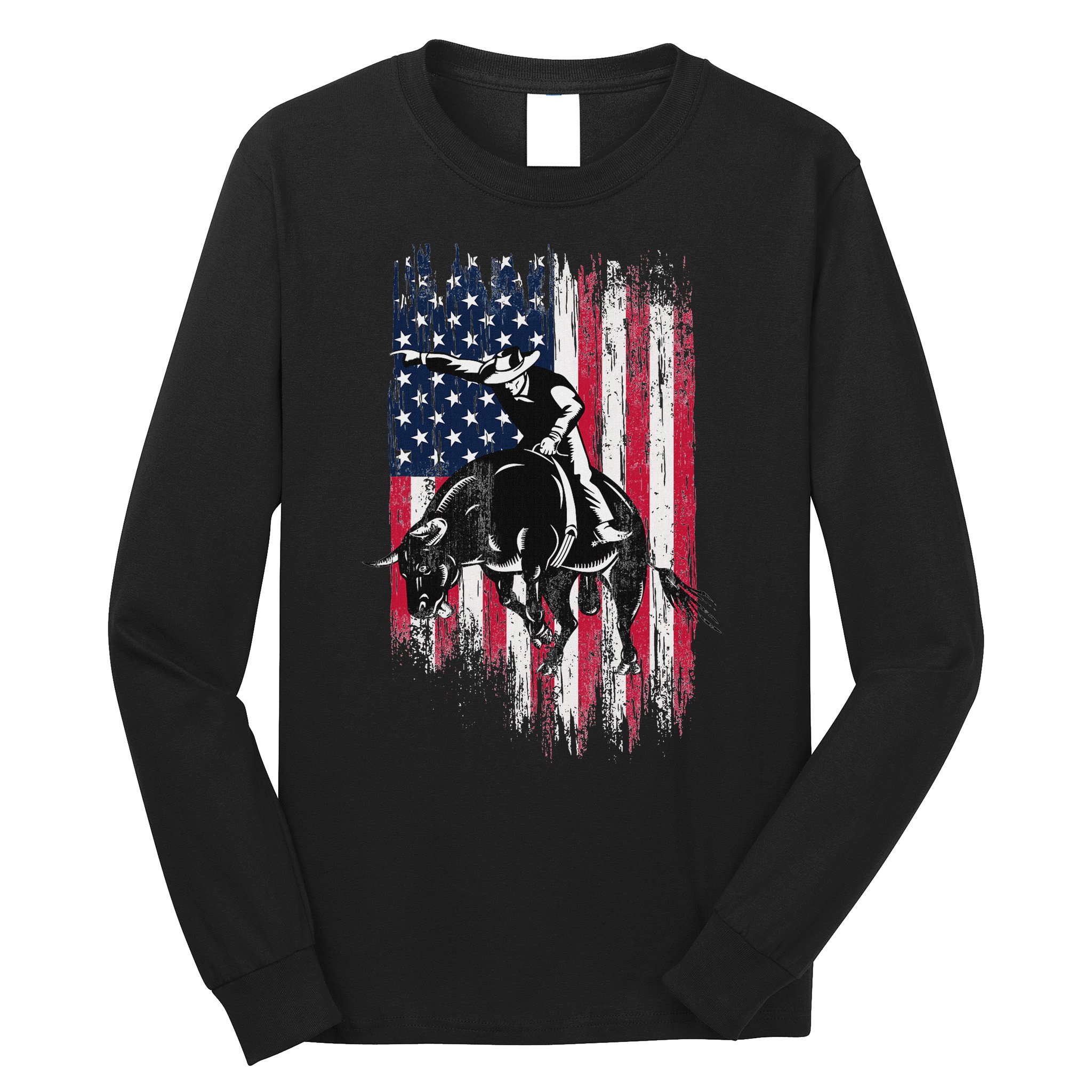 Rodeo Bull Rider Patriotic American Flag Cowboys Long Sleeve Shirt