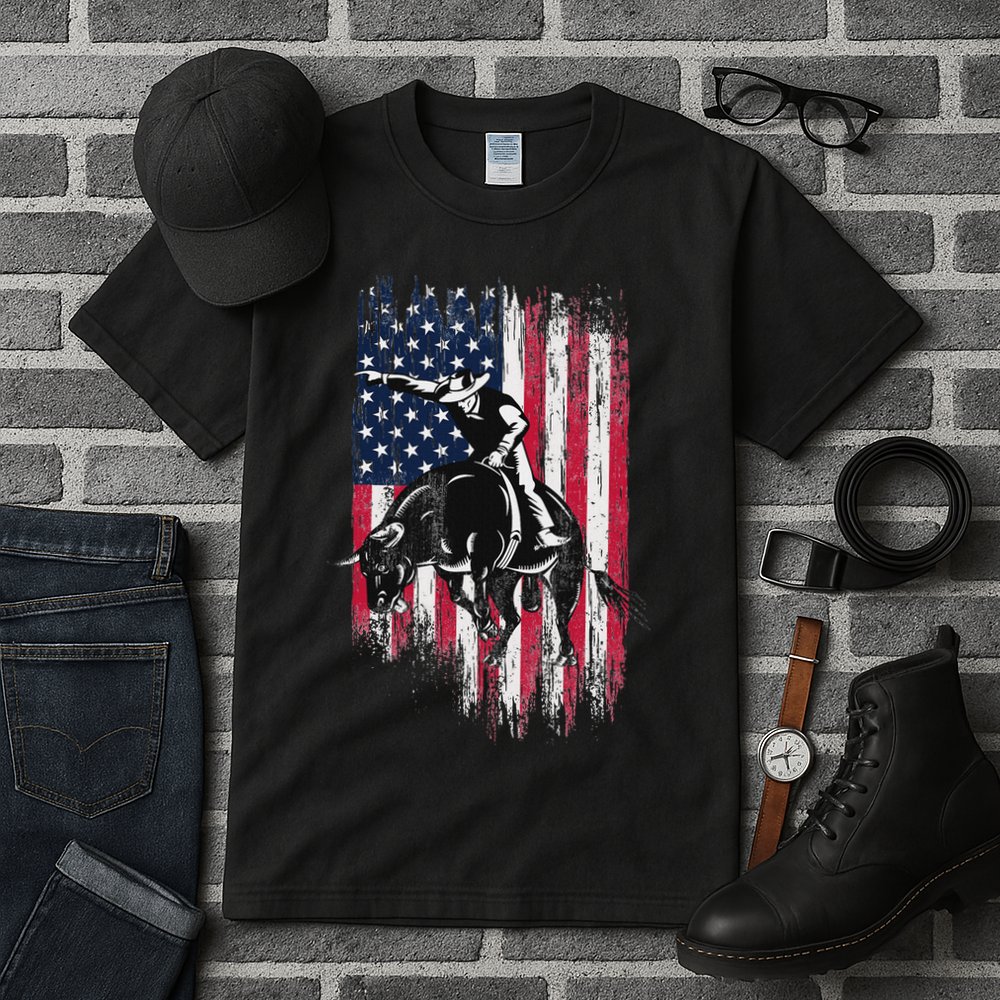 Rodeo Bull Rider Patriotic American Flag Cowboys Tall T-Shirt