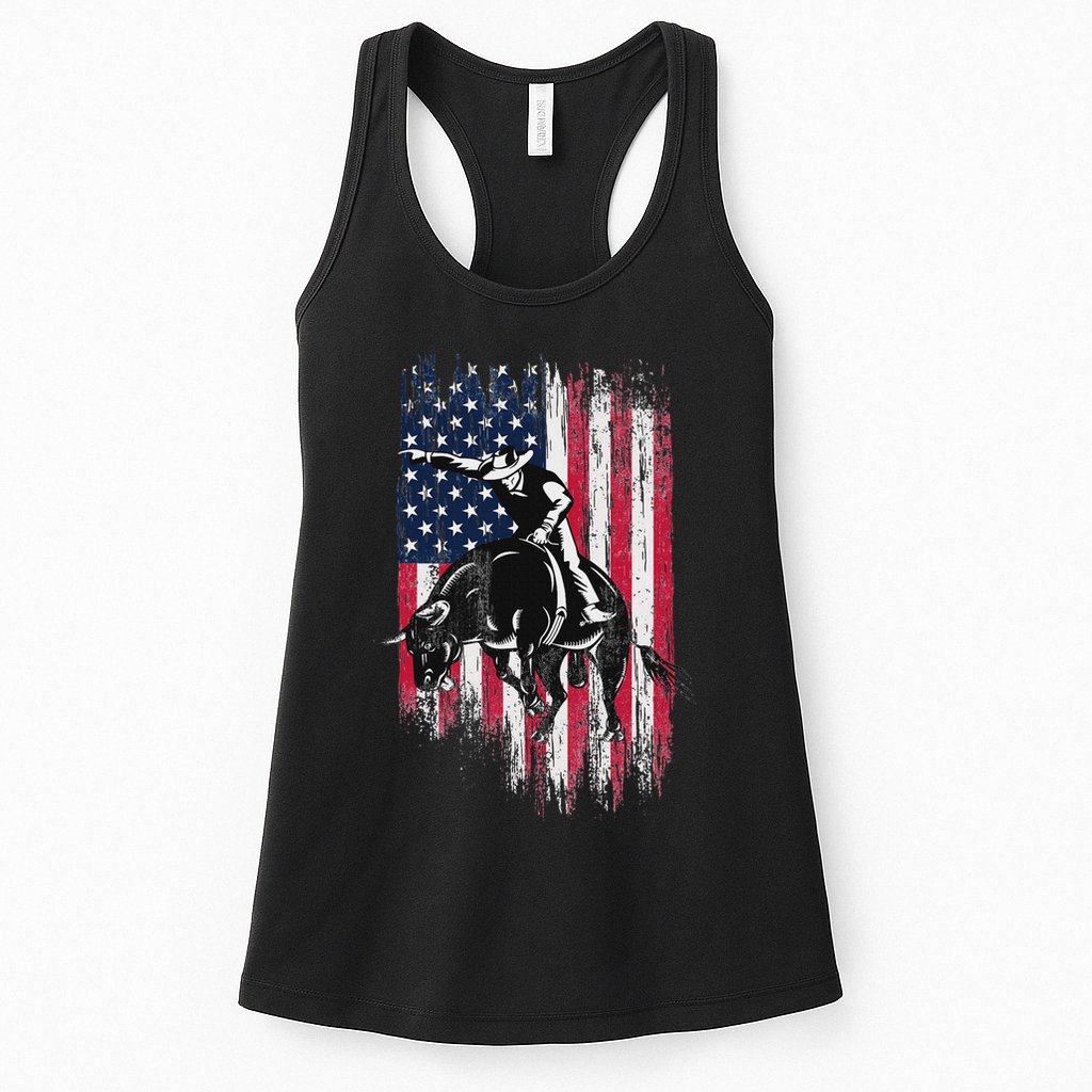Rodeo Bull Rider Patriotic American Flag Cowboys Womens Tank Top