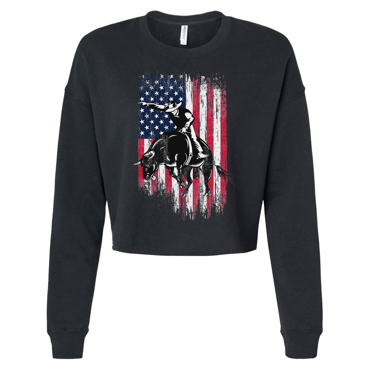 Rodeo Bull Rider Patriotic American Flag Cowboys Cropped Pullover Crew