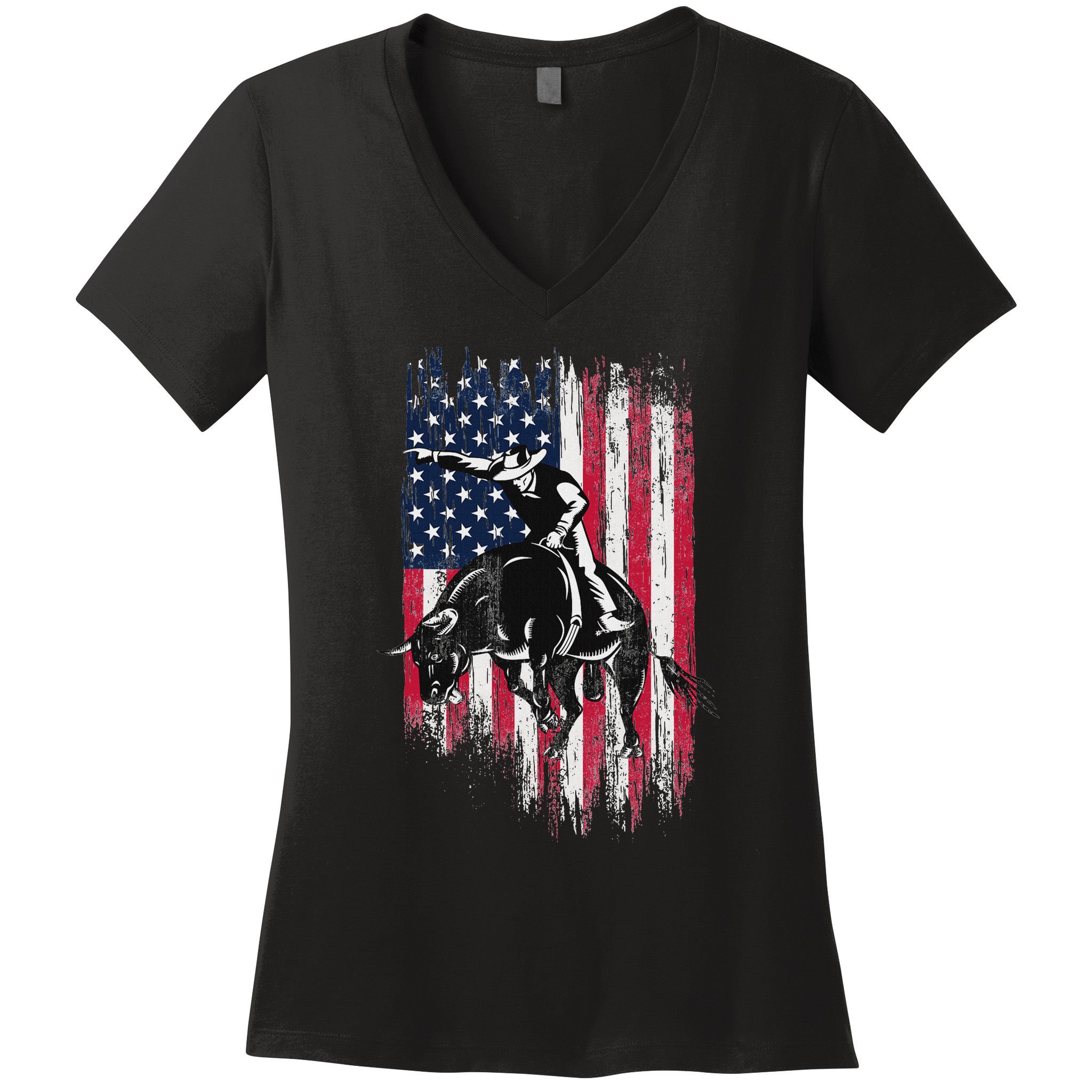 Rodeo Bull Rider Patriotic American Flag Cowboys Women's V-Neck T-Shirt