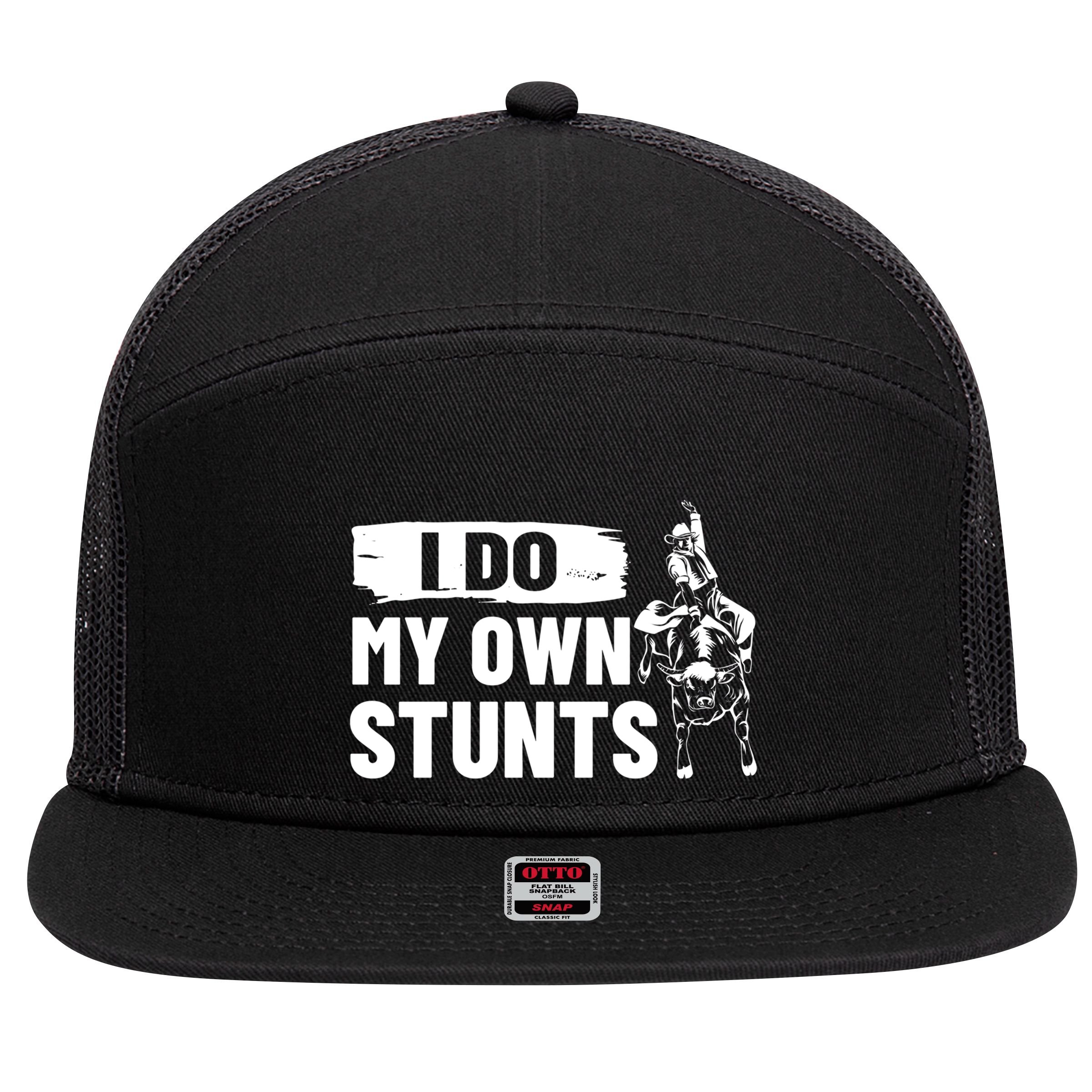 Rodeo Bull Rider I Do My Own Stunts Rodeo Party Bull Riding Gift 7 Panel Mesh Trucker Snapback Hat