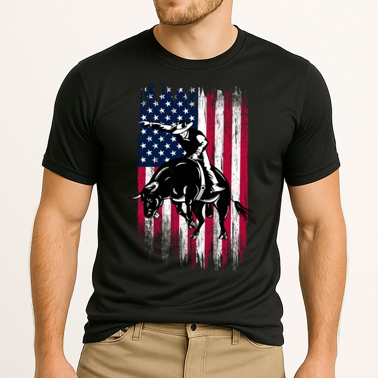Rodeo Bull Rider Patriotic American Flag Cowboys Cooling Performance Crew T-Shirt