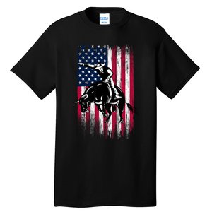 Rodeo Bull Rider Patriotic American Flag Cowboys Tall T-Shirt