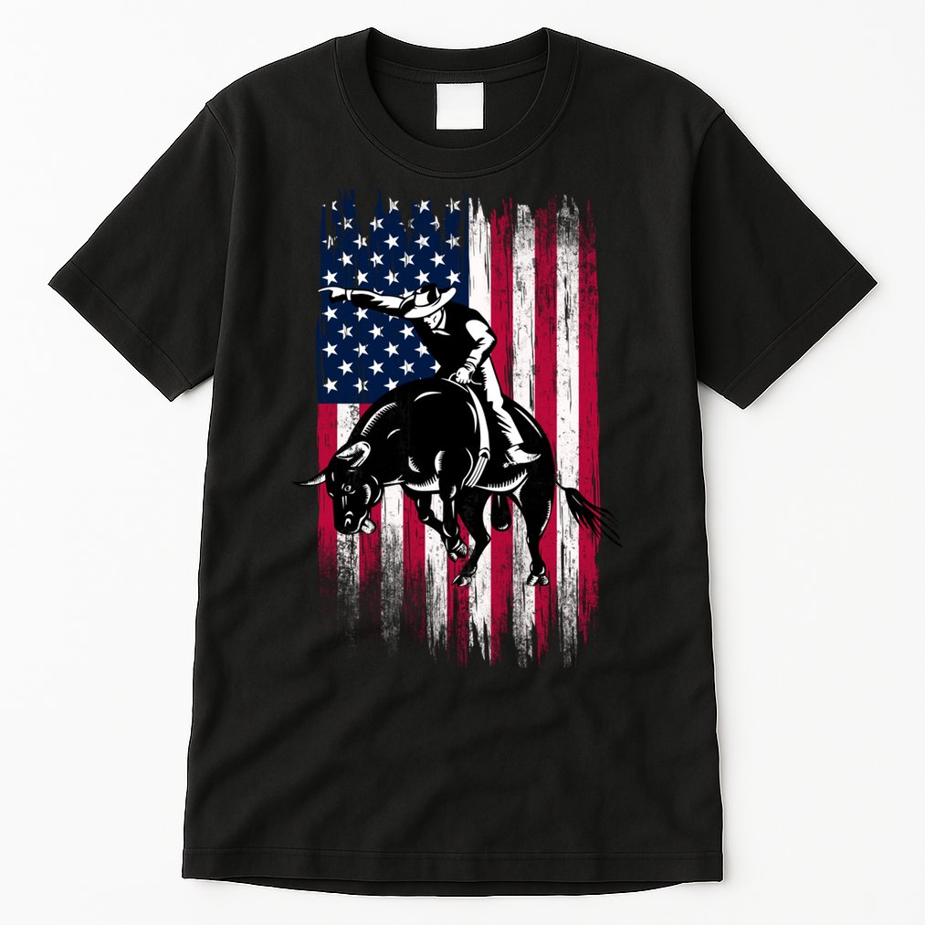 Rodeo Bull Rider Patriotic American Flag Cowboys Tall T-Shirt