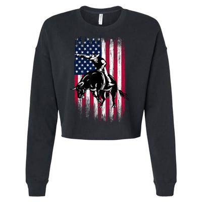 Rodeo Bull Rider Patriotic American Flag Cowboys Cropped Pullover Crew