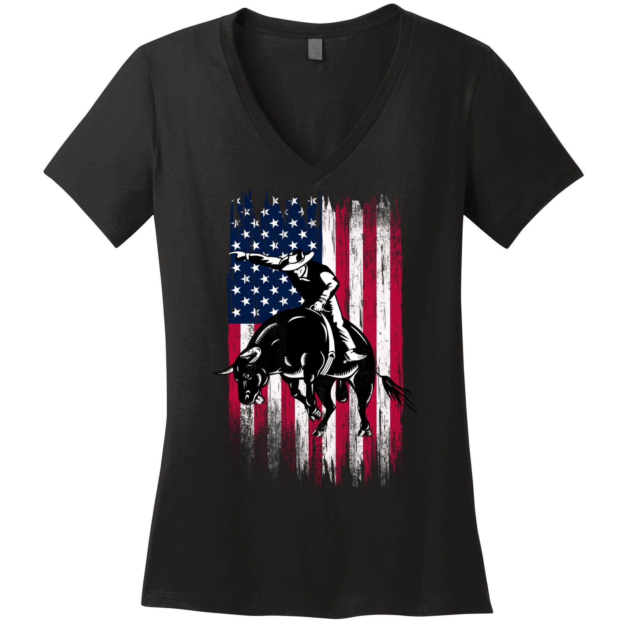 Rodeo Bull Rider Patriotic American Flag Cowboys Women's V-Neck T-Shirt