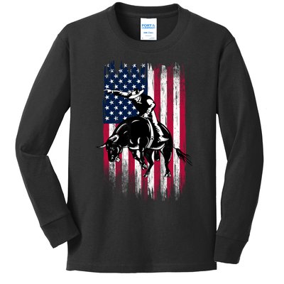 Rodeo Bull Rider Patriotic American Flag Cowboys Kids Long Sleeve Shirt