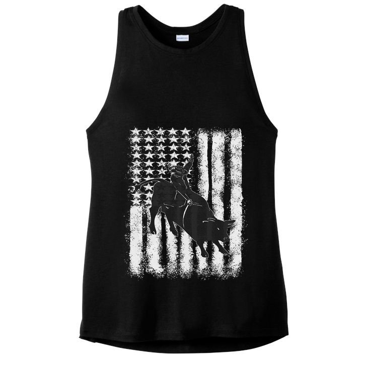 Rodeo Bull Riding Distressed Grunge American Flag Keepsake Ladies PosiCharge Tri-Blend Wicking Tank