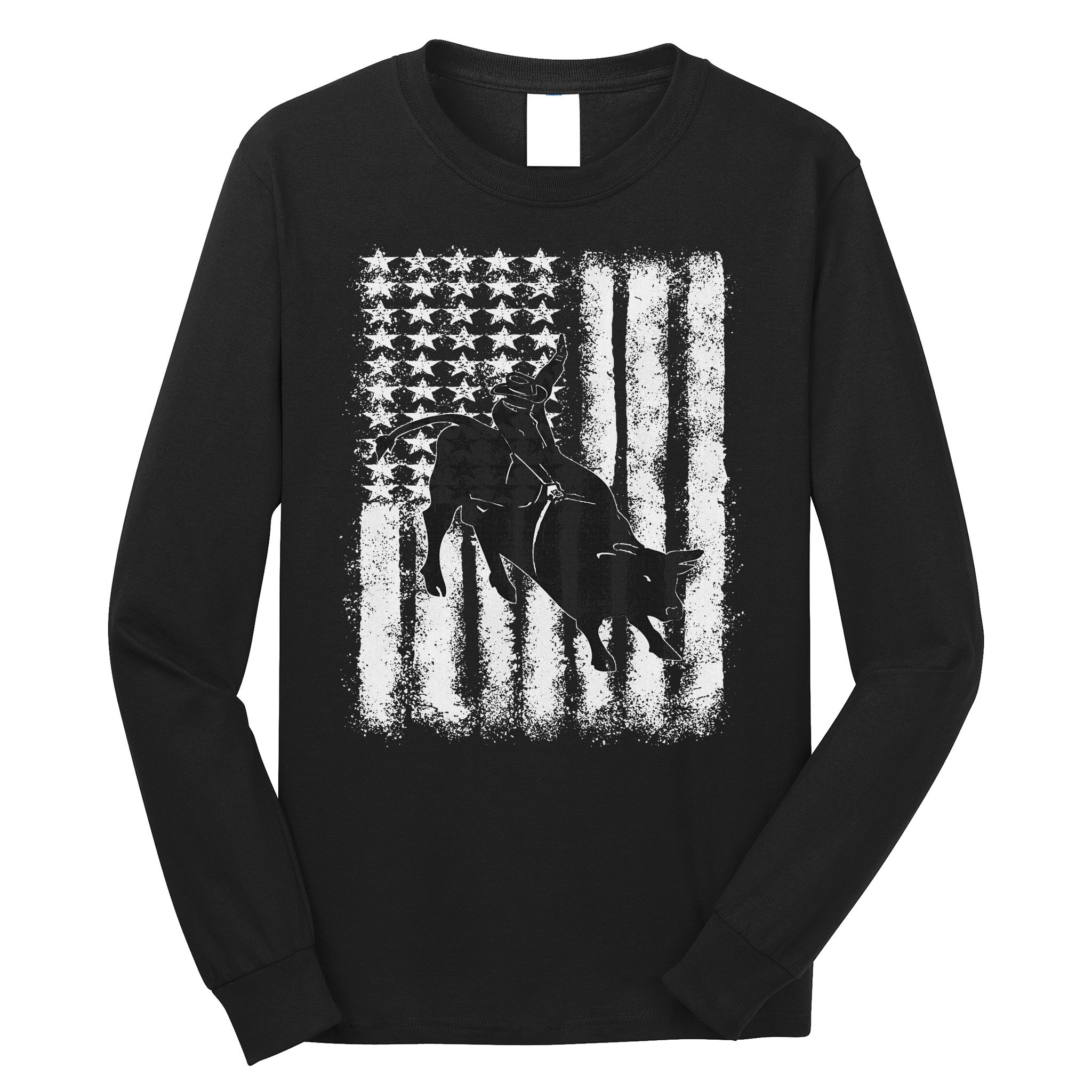 Rodeo Bull Riding Distressed Grunge American Flag Keepsake Long Sleeve Shirt
