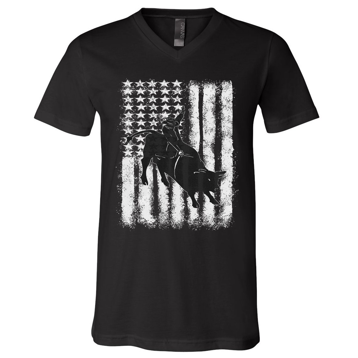 Rodeo Bull Riding Distressed Grunge American Flag Keepsake V-Neck T-Shirt