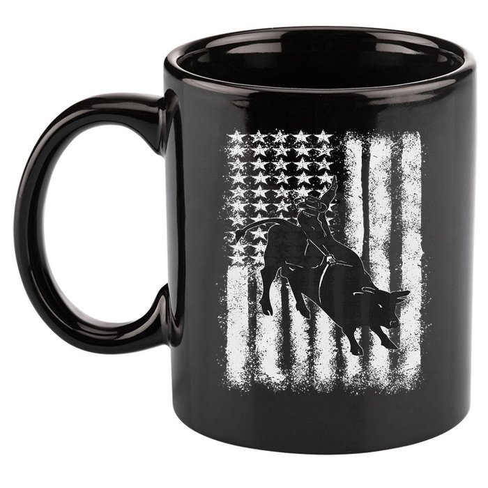 Rodeo Bull Riding Distressed Grunge American Flag Keepsake 11oz C Handle Ceramic Mug