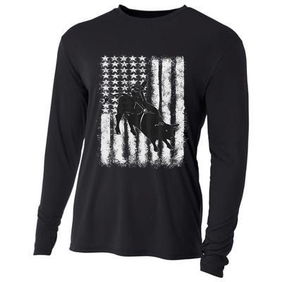 Rodeo Bull Riding Distressed Grunge American Flag Keepsake Cooling Performance Long Sleeve Crew