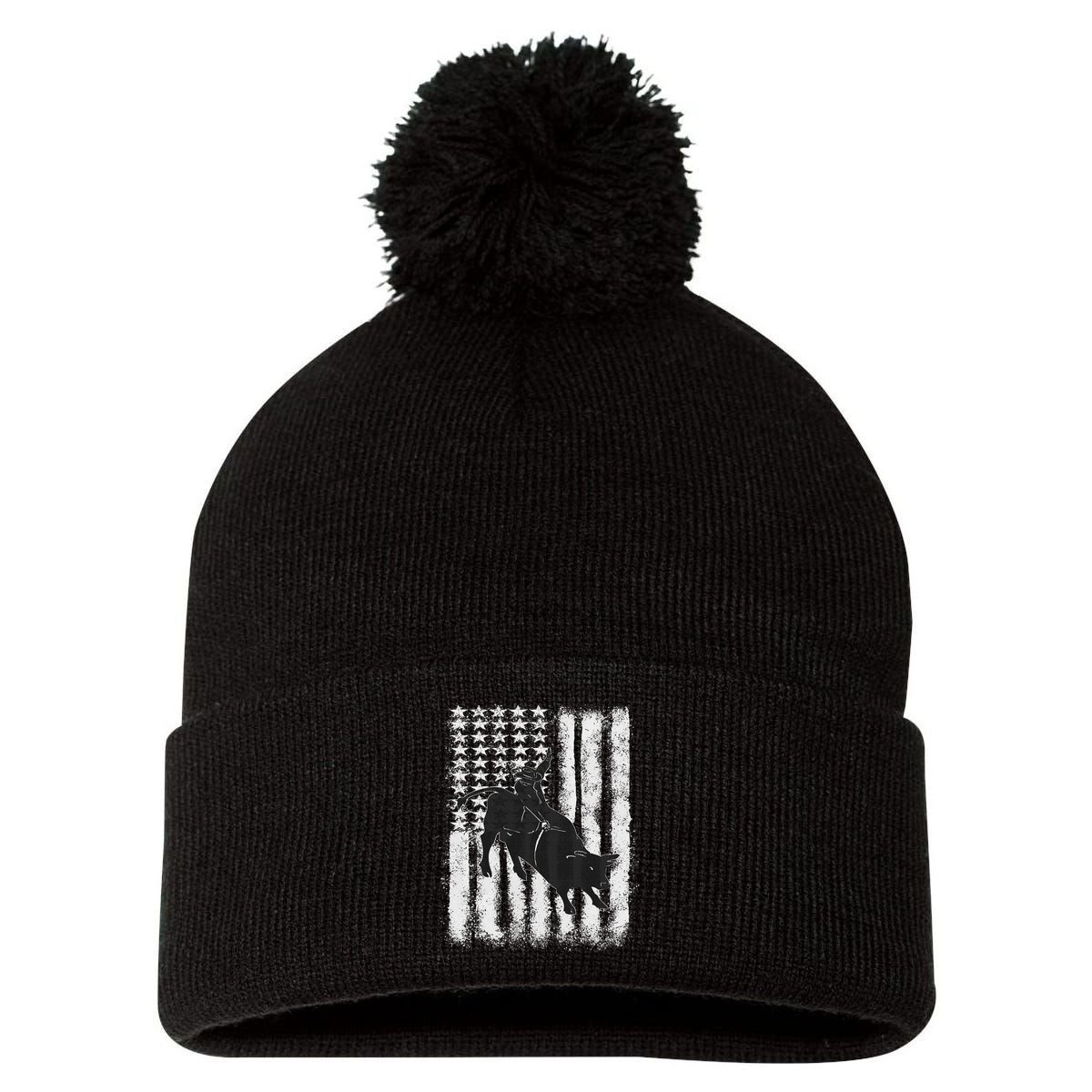 Rodeo Bull Riding Distressed Grunge American Flag Keepsake Pom Pom 12in Knit Beanie