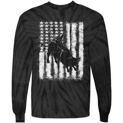 Rodeo Bull Riding Distressed Grunge American Flag Keepsake Tie-Dye Long Sleeve Shirt