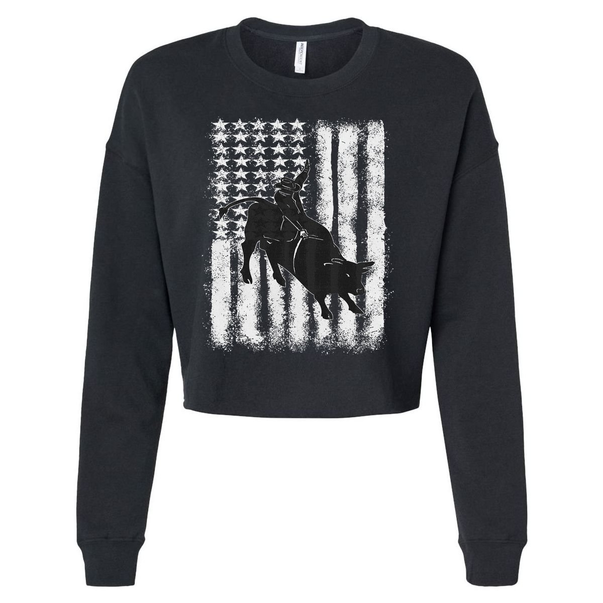 Rodeo Bull Riding Distressed Grunge American Flag Keepsake Cropped Pullover Crew