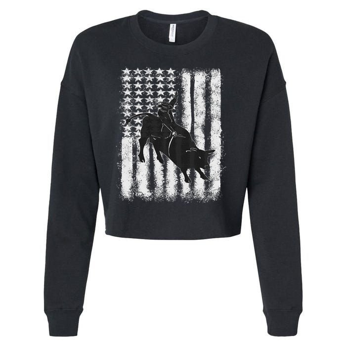 Rodeo Bull Riding Distressed Grunge American Flag Keepsake Cropped Pullover Crew