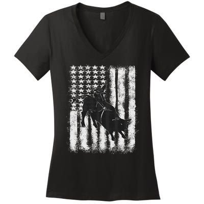Rodeo Bull Riding Distressed Grunge American Flag Keepsake Women's V-Neck T-Shirt